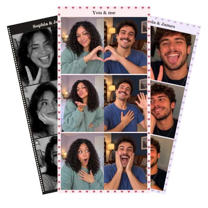 Three photo strips featuring two couples, with Hearts, black-and-white Film, and Bows papers
