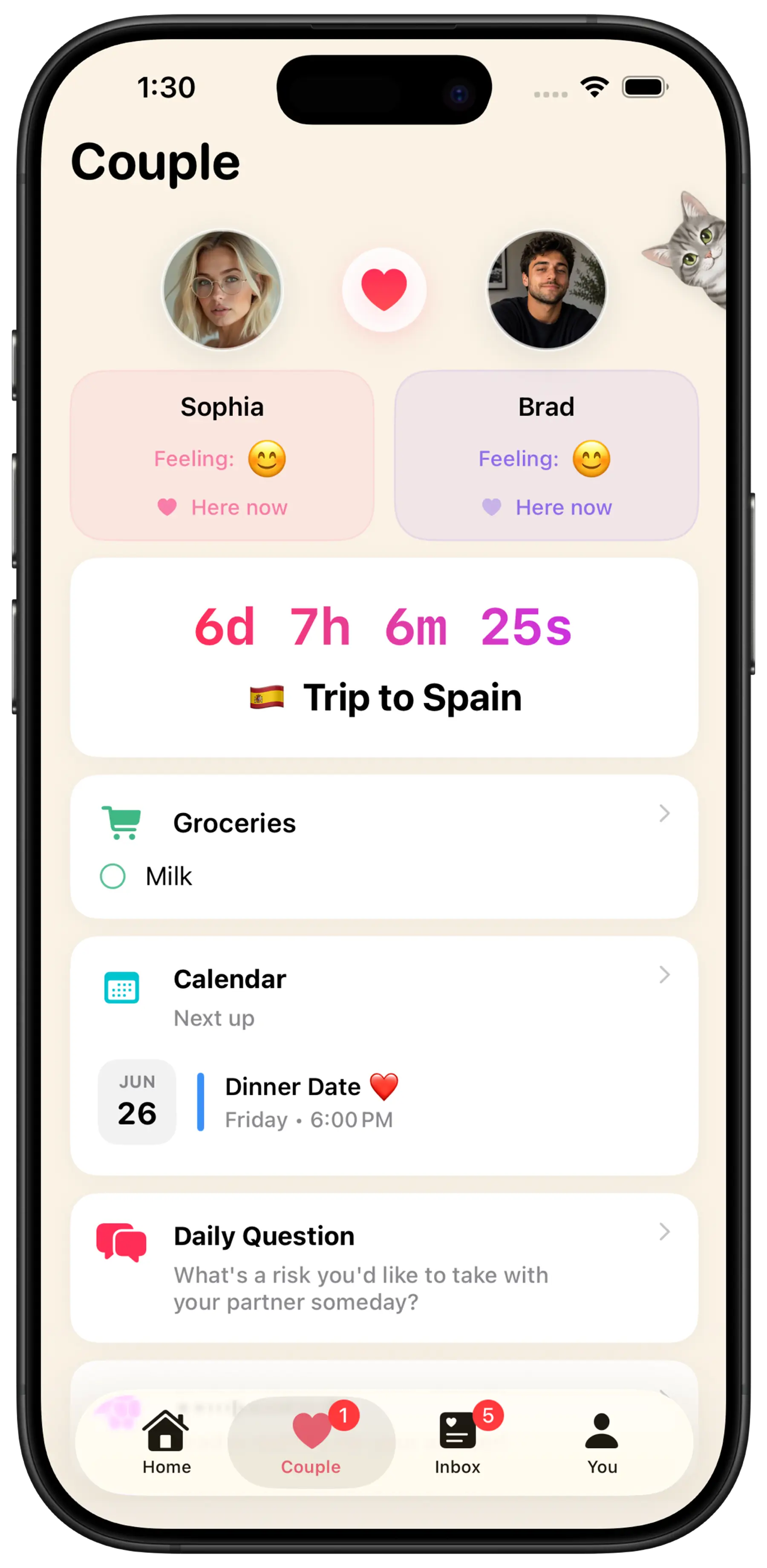 Konda couples space with daily questions, countdowns, and shared lists
