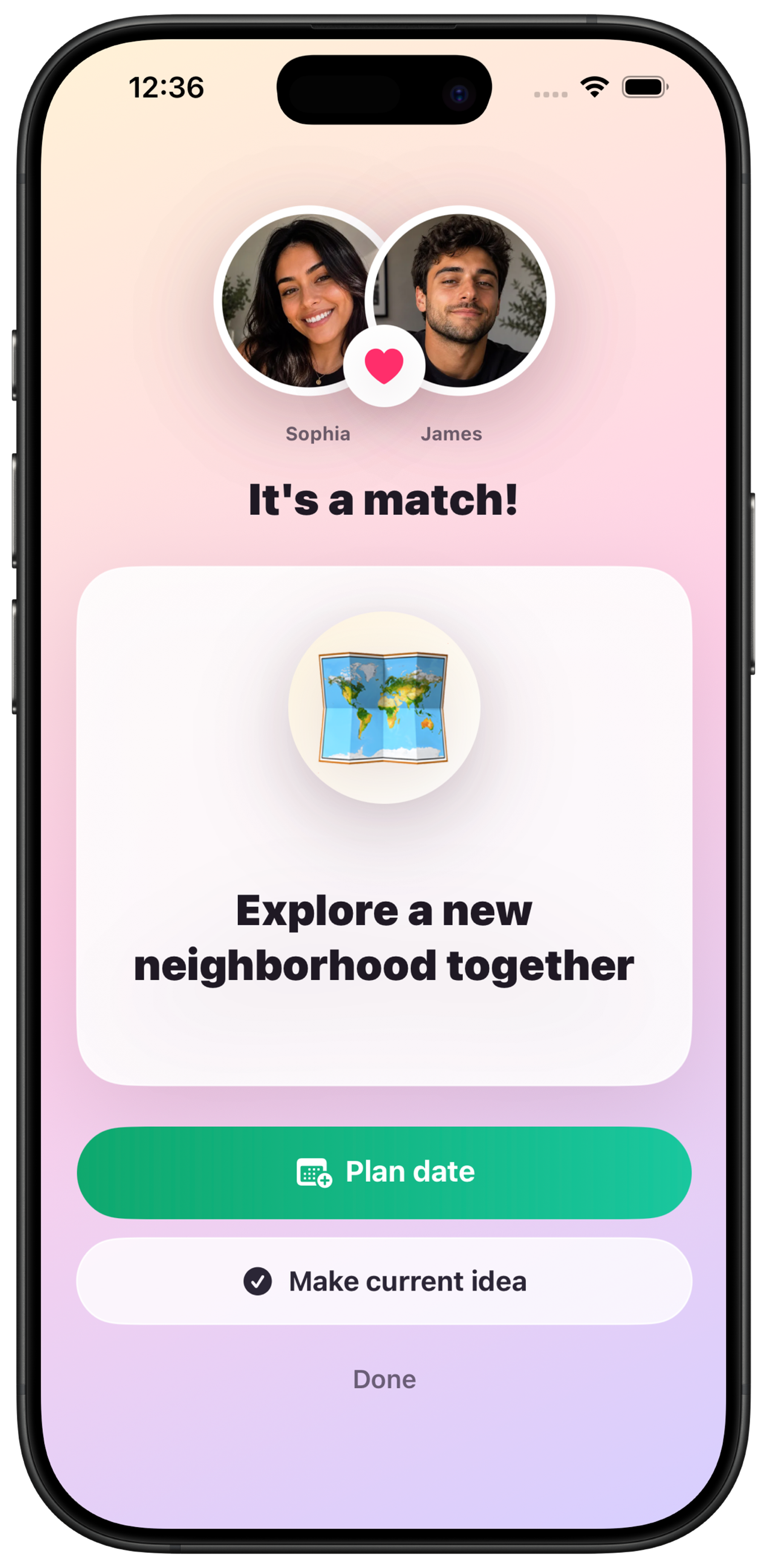 Konda Date Match showing a matched date idea