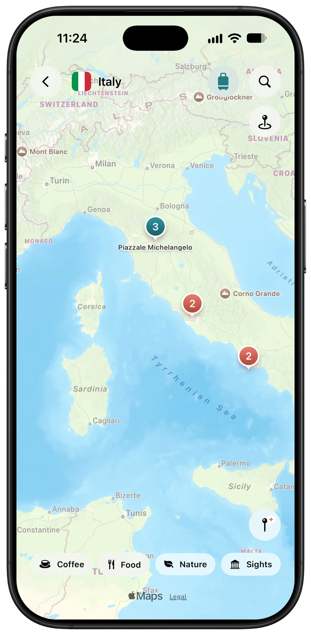 Konda Our World shared map of Italy with pins for a couple's trip