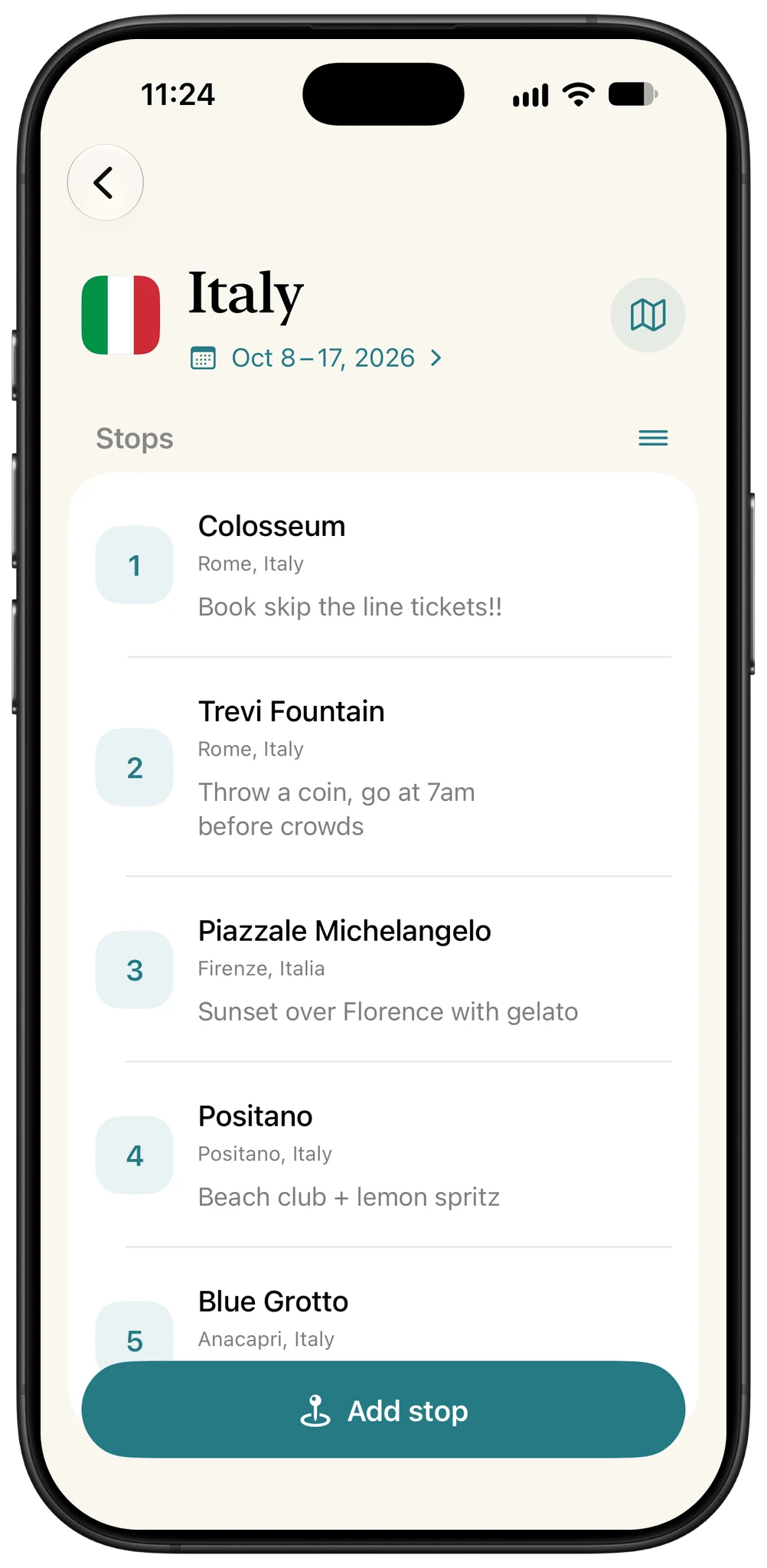 Konda Our World trip plan for Italy with numbered stops and notes