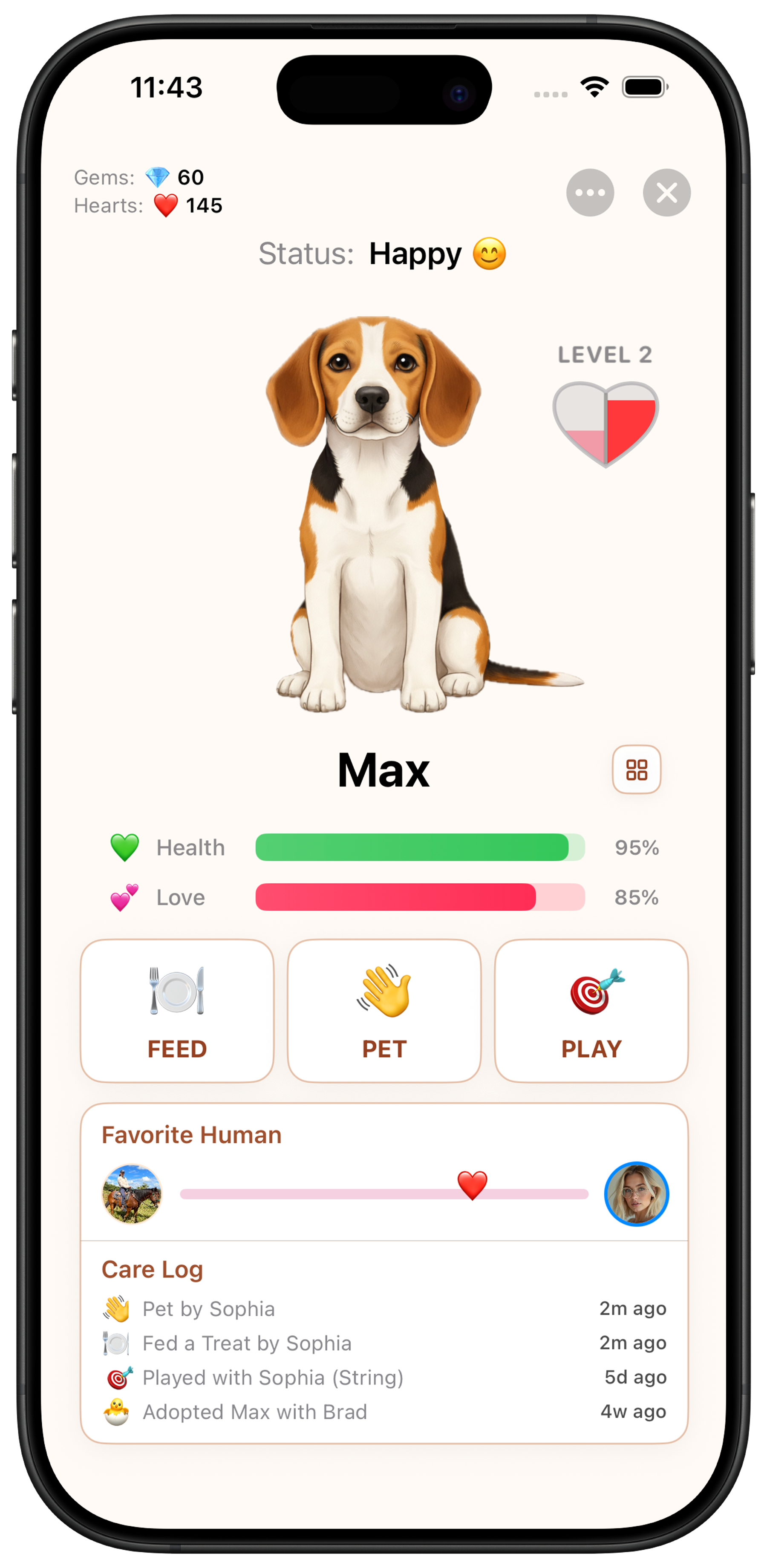 Konda virtual pet Max with feed, pet, and play actions