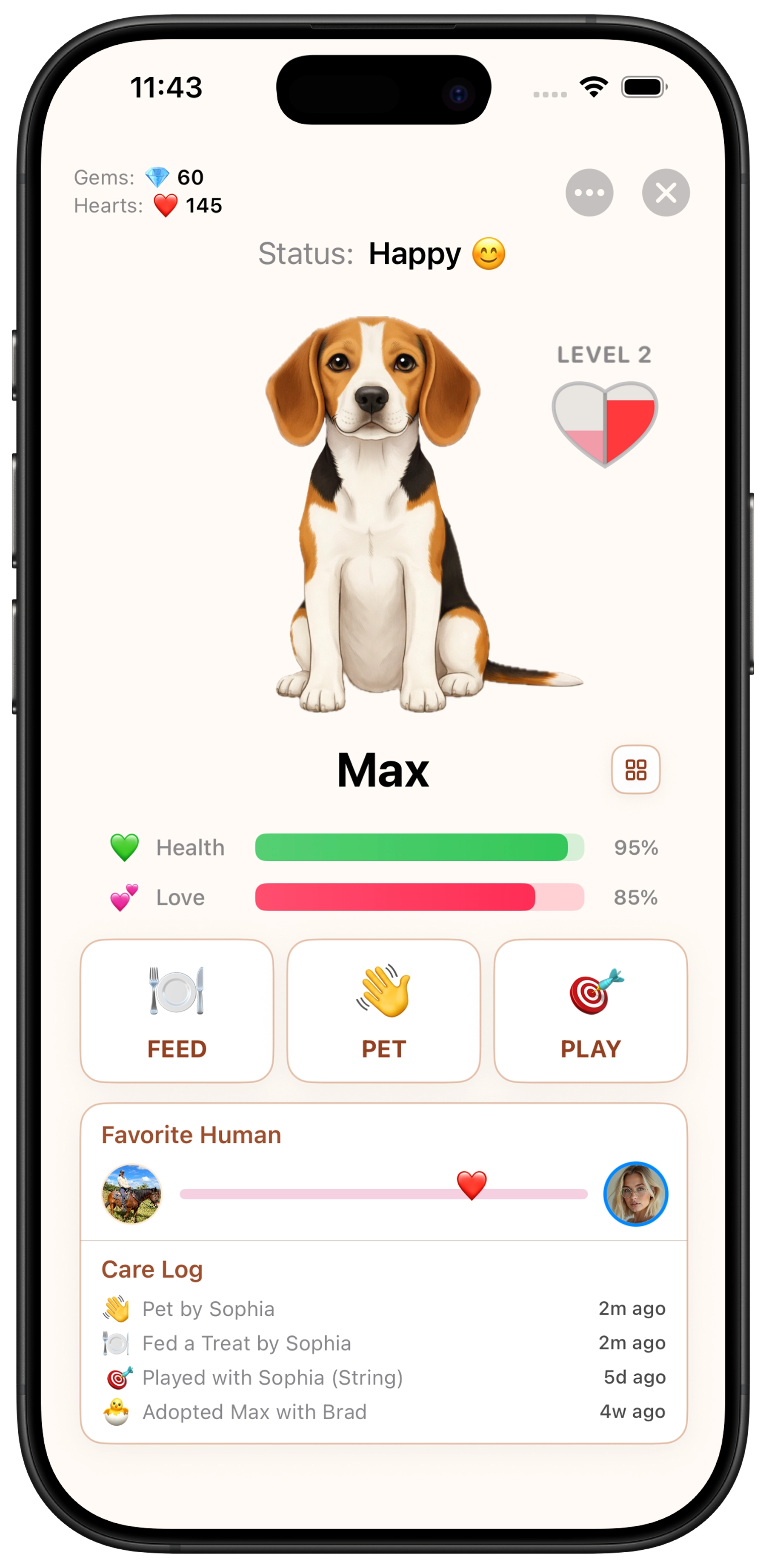 Konda virtual pet for couples with feed, pet, and play actions