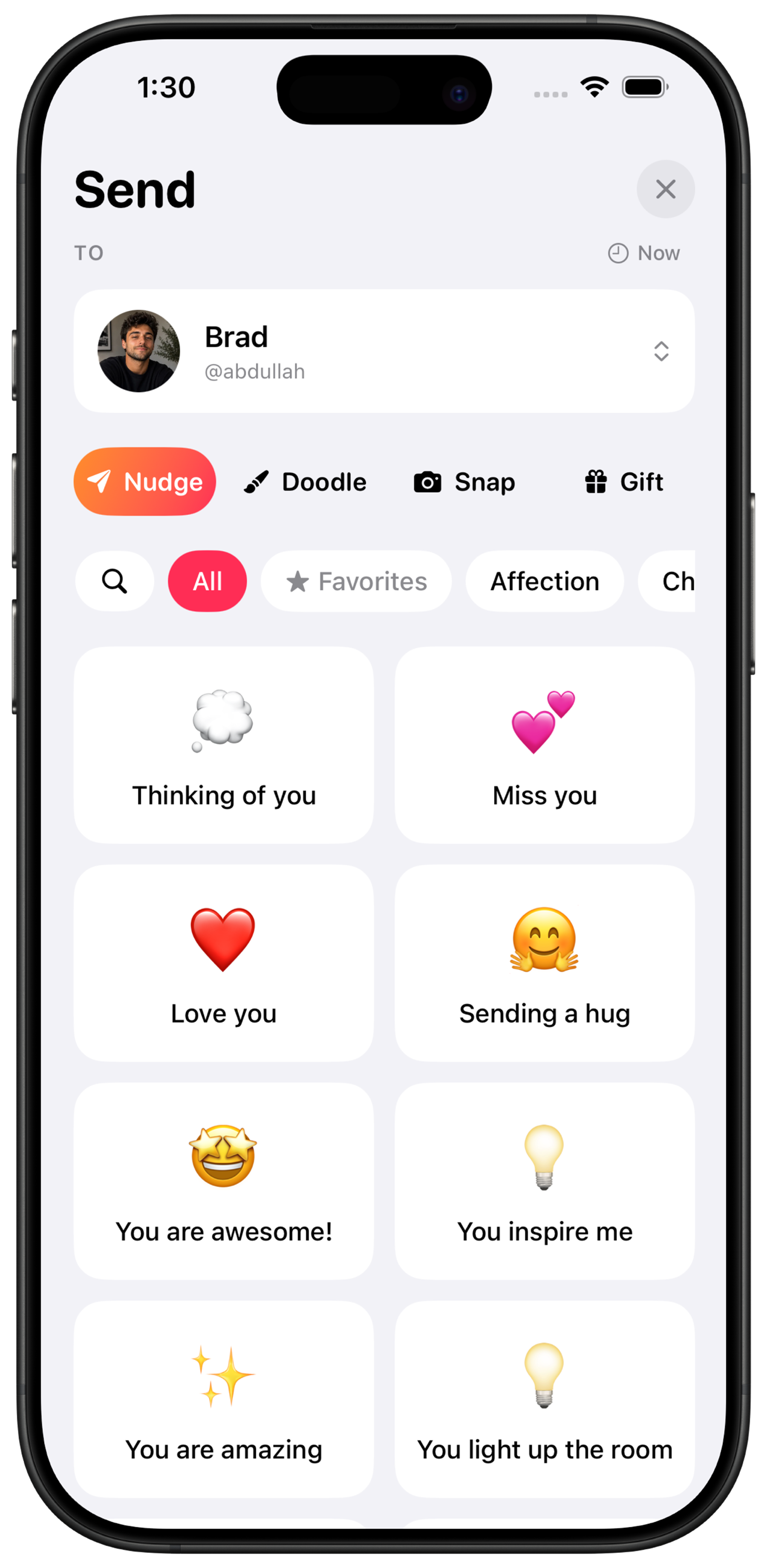 Konda Send screen with nudges, doodles, Snaps, and gifts