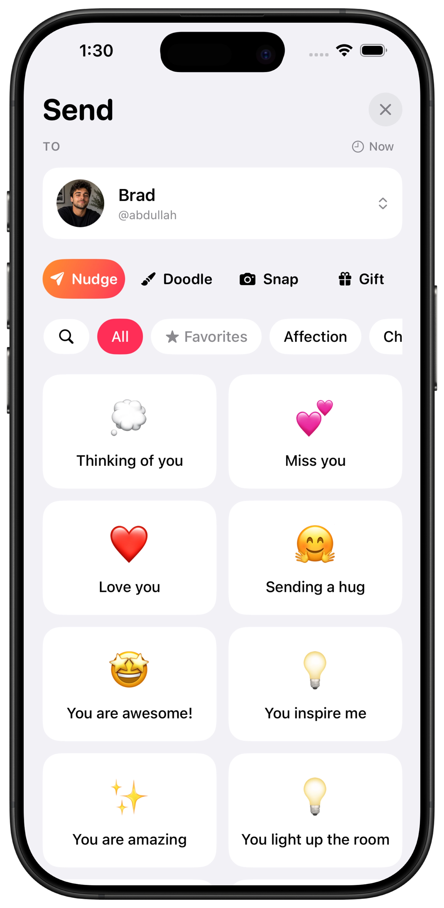Konda Send screen for nudges, doodles, photos, and gifts