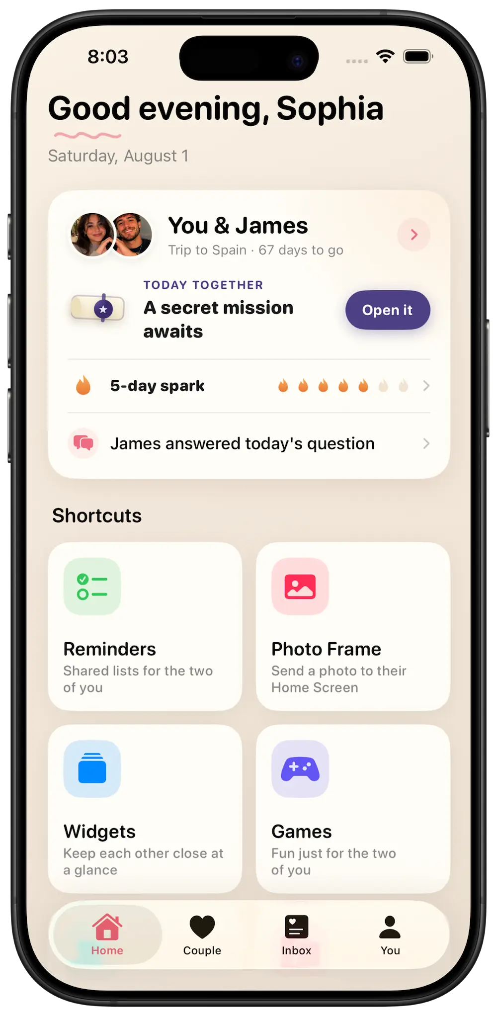 Konda couples app Home screen